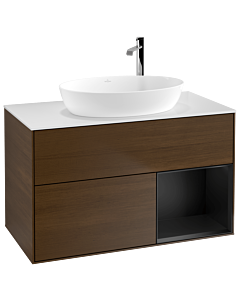 Villeroy und Boch Finion Waschtischunterschrank G901PDGN 100cm, Abdeckplatte white matt, Emotion, Regale Black matt lacquer, Walnut veneer