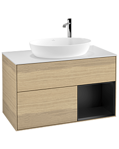 Villeroy und Boch Finion Villeroy und Boch G901PDPC 100cm, plaque de recouvrement blanc mat, Emotion, étagères laqué noir mat, Oak Veneer