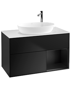 Villeroy und Boch Finion Villeroy und Boch G901PDPD 100cm, plaque de recouvrement blanc mat, Emotion, étagères laqué noir mat, laqué noir mat