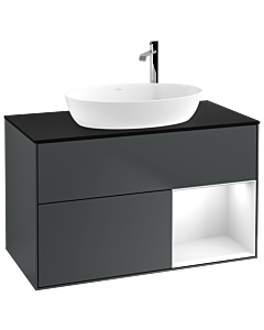 Villeroy und Boch Finion Waschtischunterschrank G902GFHG 100cm, Abdeckplatte black matt, Emotion, Regale Glossy white lacquer, Midnight Blue Matt Lacquer