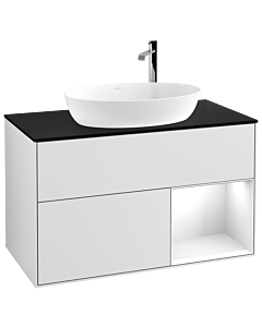 Villeroy und Boch Finion Waschtischunterschrank G902GFMT 100cm, Abdeckplatte black matt, Emotion, Regale Glossy white lacquer, White matt lacquer