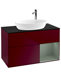 Villeroy und Boch Finion Waschtischunterschrank G902GMHB 100cm, Abdeckplatte black matt, Emotion, Regale Olive matt lacquer, Peony Matt