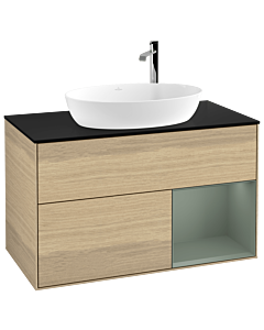 Villeroy und Boch Finion Waschtischunterschrank G902GMPC 100cm, Abdeckplatte black matt, Emotion, Regale Olive matt lacquer, Oak Veneer