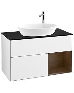 Villeroy und Boch Finion Waschtischunterschrank G902GNGF 100cm, Abdeckplatte black matt, Emotion, Regale Walnut Veneer, Glossy white lacquer