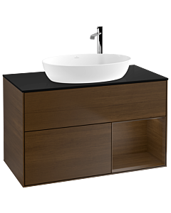 Villeroy und Boch Finion Waschtischunterschrank G902GNGN 100cm, Abdeckplatte black matt, Emotion, Regale Walnut Veneer, Walnut veneer