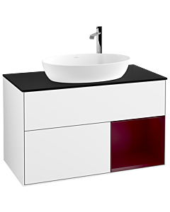 Villeroy und Boch Finion Waschtischunterschrank G902HBGF 100cm, Abdeckplatte black matt, Emotion, Regale Peony matt lacquer, Glossy white lacquer