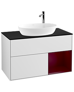 Villeroy und Boch Finion Villeroy und Boch G902HBMT 100cm, plaque de recouvrement noir mat, Emotion, étagères Peony laqué mat, laqué blanc mat