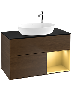 Villeroy und Boch Finion Waschtischunterschrank G902HFGN 100cm, Abdeckplatte black matt, Emotion, Regale Gold matt lacquer, Walnut veneer