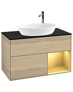 Villeroy und Boch Finion Waschtischunterschrank G902HFPC 100cm, Abdeckplatte black matt, Emotion, Regale Gold matt lacquer, Oak Veneer