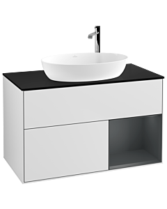 Villeroy und Boch Finion Villeroy und Boch G902HGMT 100cm, plaque de recouvrement noire mate, Emotion, étagères laqué mat Midnight, laqué blanc mat