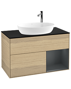 Villeroy und Boch Finion Villeroy und Boch G902HGPC 100cm, plaque de recouvrement noire mate, Emotion, étagères laqué mat Midnight, Oak Veneer