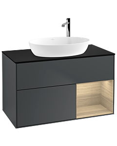 Villeroy und Boch Finion Waschtischunterschrank G902PCHG 100cm, Abdeckplatte black matt, Emotion, Regale Oak Veneer, Midnight Blue Matt Lacquer