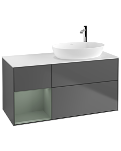 Villeroy und Boch Finion Waschtischunterschrank G921GMGK 120cm, Abdeckplatte white matt, Emotion, Regale Olive matt lacquer, Anthracite matt