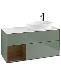 Villeroy und Boch Finion Waschtischunterschrank G921GNGM 120cm, Abdeckplatte white matt, Emotion, Regale Walnut Veneer, Olive Matt Lacquer