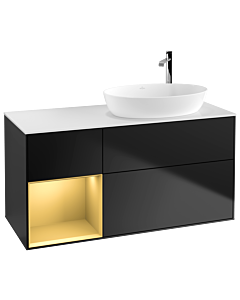 Villeroy und Boch Finion Villeroy und Boch G921HFPD 120cm, plaque de recouvrement blanc mat, Emotion, étagères laqué or mat, laqué noir mat