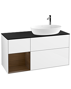 Villeroy und Boch Finion Waschtischunterschrank G922GNGF 120cm, Abdeckplatte black matt, Emotion, Regale Walnut Veneer, Glossy white lacquer
