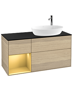 Villeroy und Boch Finion Waschtischunterschrank G922HFPC 120cm, Abdeckplatte black matt, Emotion, Regale Gold matt lacquer, Oak Veneer