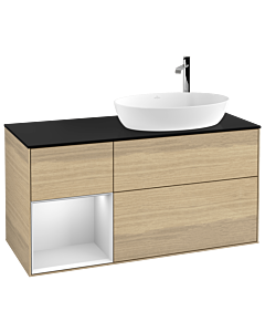 Villeroy und Boch Finion Waschtischunterschrank G922MTPC 120cm, Abdeckplatte black matt, Emotion, Regale White matt lacquer, Oak Veneer