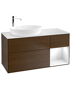 Villeroy und Boch Finion Waschtischunterschrank G931GFGN 120cm, Abdeckplatte white matt, Emotion, Regale Glossy white lacquer, Walnut veneer