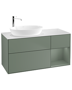 Villeroy und Boch Finion Villeroy und Boch G931GMGM 120cm, plaque de recouvrement blanc mat, Emotion, étagères laqué olive mat, Olive Matt Lacquer