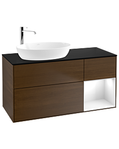 Villeroy und Boch Finion Waschtischunterschrank G932GFGN 120cm, Abdeckplatte black matt, Emotion, Regale Glossy white lacquer, Walnut veneer