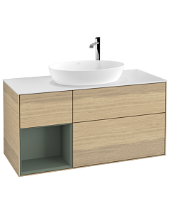 Villeroy und Boch Finion Villeroy und Boch G941GMPC 120cm, plaque de recouvrement blanc mat, Emotion, étagères laqué olive mat, Oak Veneer