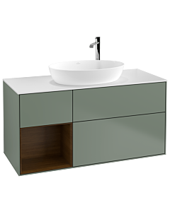 Villeroy und Boch Finion Waschtischunterschrank G941GNGM 120cm, Abdeckplatte white matt, Emotion, Regale Walnut Veneer, Olive Matt Lacquer