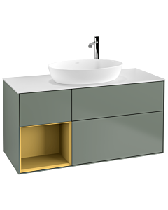 Villeroy und Boch Finion Waschtischunterschrank G941HFGM 120cm, Abdeckplatte white matt, Emotion, Regale Gold matt lacquer, Olive Matt Lacquer