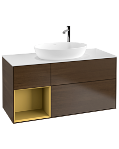 Villeroy und Boch Finion Waschtischunterschrank G941HFGN 120cm, Abdeckplatte white matt, Emotion, Regale Gold matt lacquer, Walnut veneer