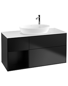 Villeroy und Boch Finion Villeroy und Boch G941PDPD 120cm, plaque de recouvrement blanc mat, Emotion, étagères laqué noir mat, laqué noir mat