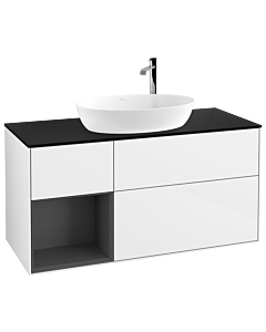 Villeroy und Boch Finion Waschtischunterschrank G942GKGF 120cm, Abdeckplatte black matt, Emotion, Regale Anthracite matt lacquer, Glossy white lacquer