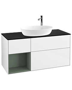 Villeroy und Boch Finion Waschtischunterschrank G942GMGF 120cm, Abdeckplatte black matt, Emotion, Regale Olive matt lacquer, Glossy white lacquer