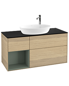 Villeroy und Boch Finion Waschtischunterschrank G942GMPC 120cm, Abdeckplatte black matt, Emotion, Regale Olive matt lacquer, Oak Veneer