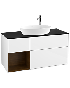 Villeroy und Boch Finion Waschtischunterschrank G942GNGF 120cm, Abdeckplatte black matt, Emotion, Regale Walnut Veneer, Glossy white lacquer