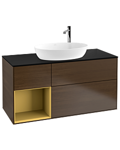 Villeroy und Boch Finion Waschtischunterschrank G942HFGN 120cm, Abdeckplatte black matt, Emotion, Regale Gold matt lacquer, Walnut veneer