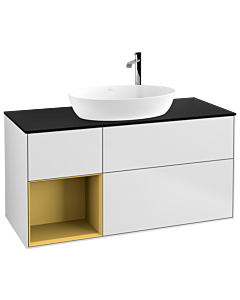 Villeroy und Boch Finion Villeroy und Boch G942HFMT 120cm, plaque de recouvrement noir mat, Emotion, étagères laqué or mat, laqué blanc mat