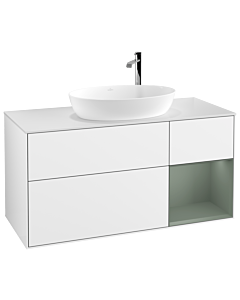Villeroy und Boch Finion Waschtischunterschrank G951GMGF 120cm, Abdeckplatte white matt, Emotion, Regale Olive matt lacquer, Glossy white lacquer