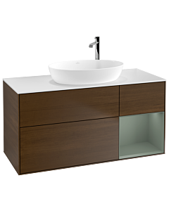 Villeroy und Boch Finion Waschtischunterschrank G951GMGN 120cm, Abdeckplatte white matt, Emotion, Regale Olive matt lacquer, Walnut veneer