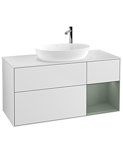 Villeroy und Boch Finion Villeroy und Boch G951GMMT 120cm, plaque de recouvrement blanc mat, Emotion, étagères laqué olive mat, laqué blanc mat