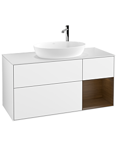 Villeroy und Boch Finion Waschtischunterschrank G951GNGF 120cm, Abdeckplatte white matt, Emotion, Regale Walnut Veneer, Glossy white lacquer