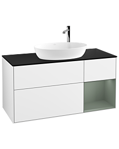 Villeroy und Boch Finion Waschtischunterschrank G952GMGF 120cm, Abdeckplatte black matt, Emotion, Regale Olive matt lacquer, Glossy white lacquer