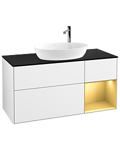 Villeroy und Boch Finion Villeroy und Boch G952HFGF 120cm, plaque de finition noir mat, Emotion, étagères laqué or mat, laqué blanc brillant