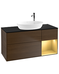 Villeroy und Boch Finion Waschtischunterschrank G952HFGN 120cm, Abdeckplatte black matt, Emotion, Regale Gold matt lacquer, Walnut veneer