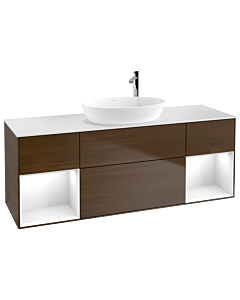 Villeroy und Boch Finion Waschtischunterschrank G981GFGN 160cm, Abdeckplatte white matt, Emotion, Regale Glossy white lacquer, Walnut veneer