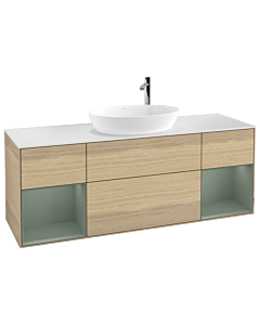 Villeroy und Boch Finion Waschtischunterschrank G981GMPC 160cm, Abdeckplatte white matt, Emotion, Regale Olive matt lacquer, Oak Veneer