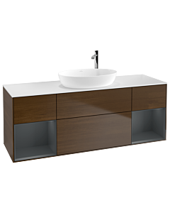 Villeroy und Boch Finion Waschtischunterschrank G981HGGN 160cm, Abdeckplatte white matt, Emotion, Regale Midnight matt lacquer, Walnut veneer