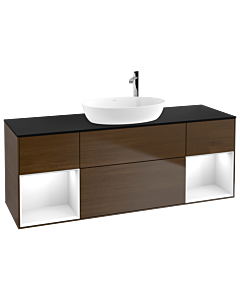 Villeroy und Boch Finion Waschtischunterschrank G982GFGN 160cm, Abdeckplatte black matt, Emotion, Regale Glossy white lacquer, Walnut veneer