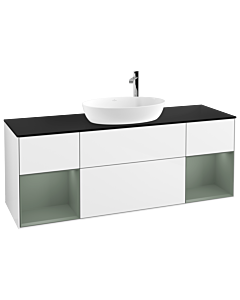 Villeroy und Boch Finion Villeroy und Boch G982GMGF 160cm, plaque de recouvrement noir mat, Emotion, étagères laqué olive mat, laqué blanc brillant