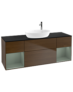 Villeroy und Boch Finion Waschtischunterschrank G982GMGN 160cm, Abdeckplatte black matt, Emotion, Regale Olive matt lacquer, Walnut veneer