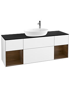 Villeroy und Boch Finion Waschtischunterschrank G982GNGF 160cm, Abdeckplatte black matt, Emotion, Regale Walnut Veneer, Glossy white lacquer